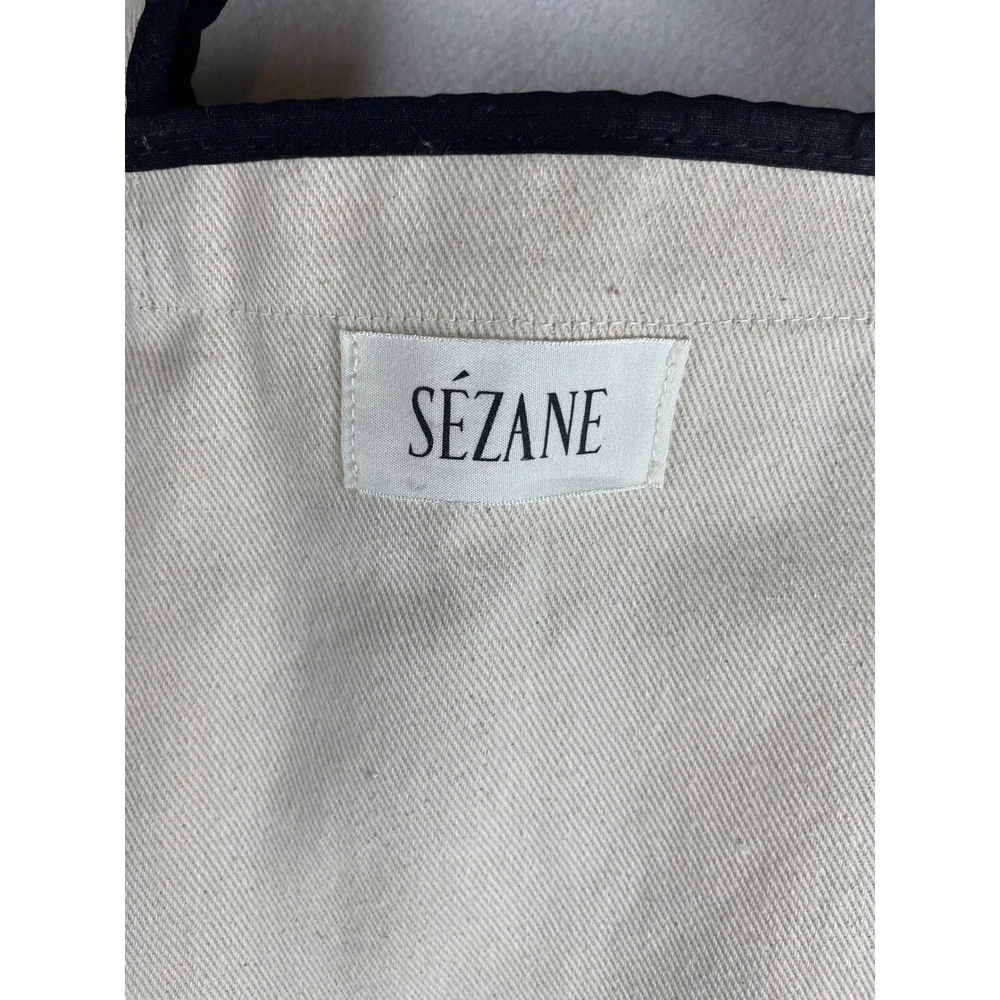 Sezane Canvas Tote Bag Cream Ecru Black Contrast Trim Oversized Shopper Bag